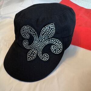 Silver Hat With Fleur De Lis Black Cloth News Boy Cap Small, Vintage